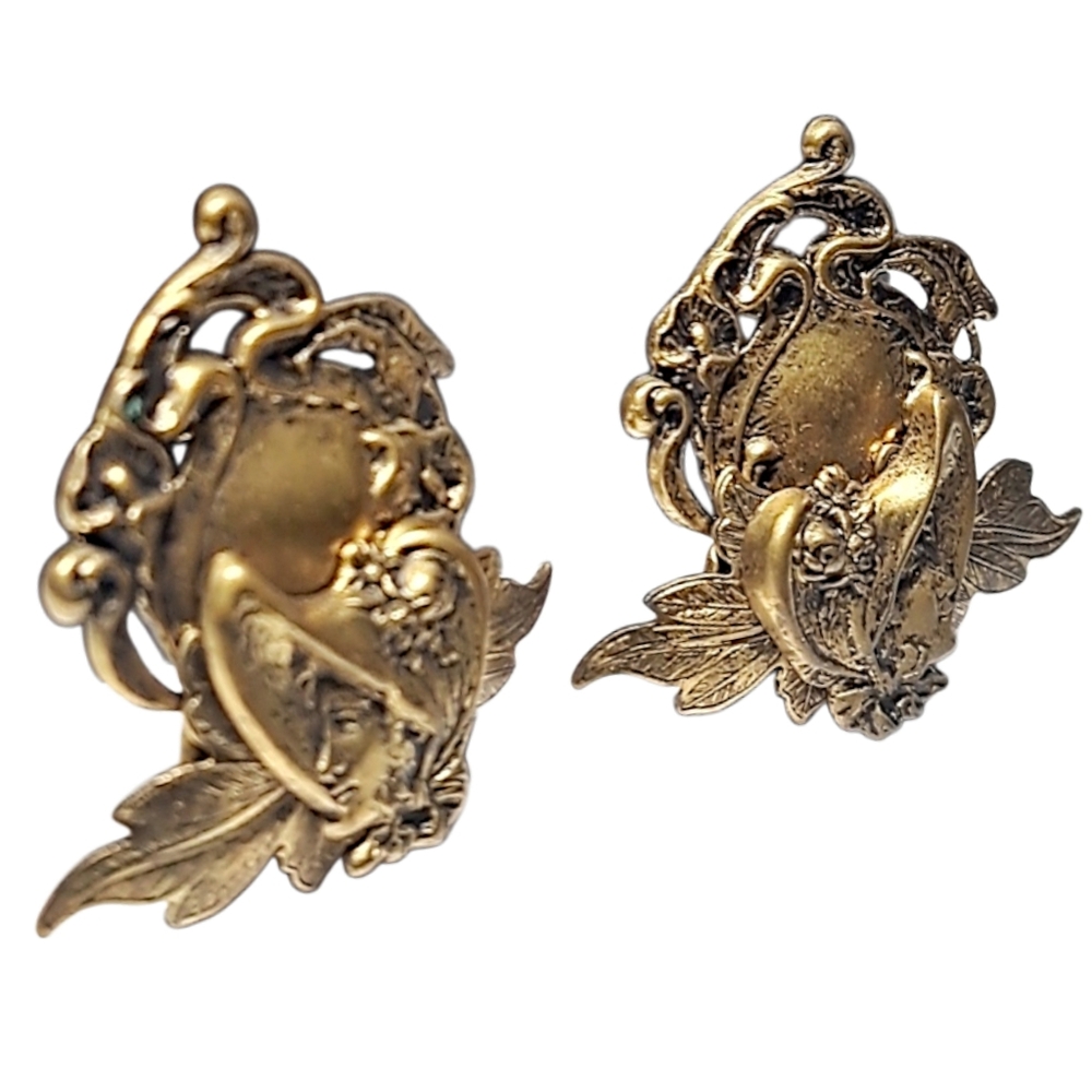 Handcrafted 3D Brass Art Nouveau Ladies Face Earrings Pierced Latch Back NWOT